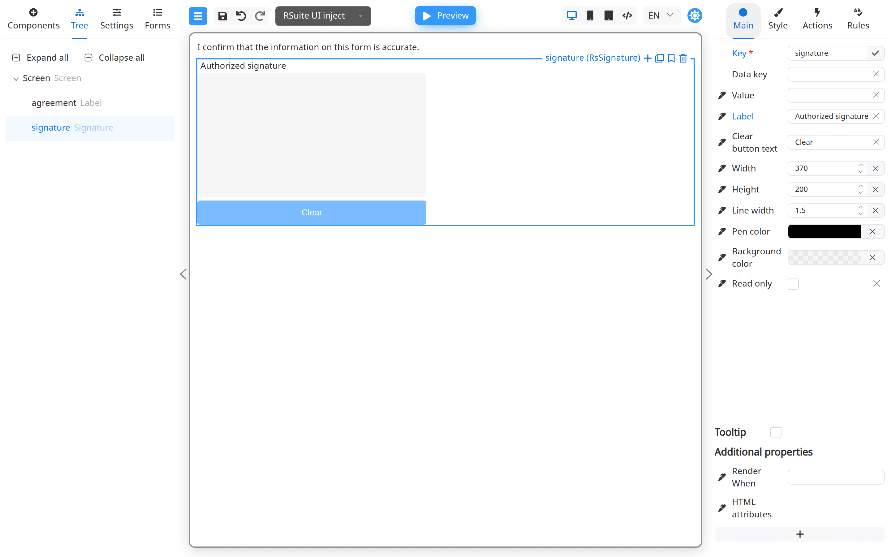 Signature field on the Designer canvas with Main properties open.